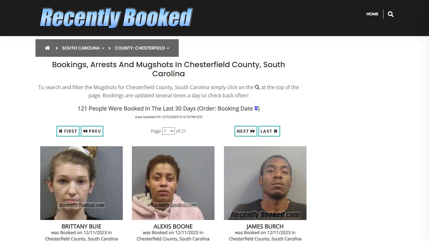 Bookings, Arrests and Mugshots in Chesterfield County, South Carolina